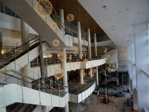Scott Sommerdorf   |  The Salt Lake Tribune  
A view of the six-story open Grand Lobby with three levels of balconies seen at left during a tour of the construction on The George S. and Dolores Doré Eccles Theater in downtown Salt Lake City on Thursday, April 14, 2016.