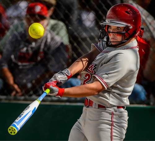 Trent Nelson  |  The Salt Lake Tribune
Spanish Fork's Jordyn Bate hits a pop fly as Spanish Fork defeats Maple Mountain in the 4A high school softball championship game, Taylorsville, Thursday May 26, 2016.