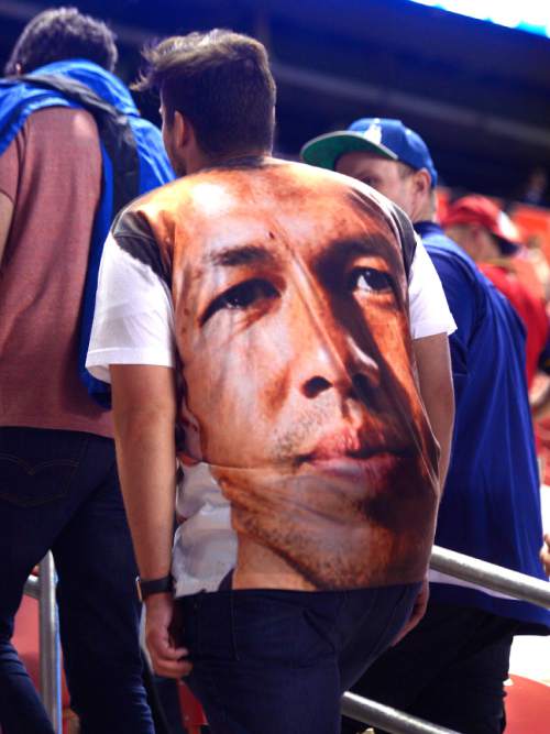 Leah Hogsten  |  The Salt Lake Tribune
A fan with a shirt of the likeness of Real Salt Lake goalkeeper Nick Rimando (18).  Real Salt Lake defeated Wilmington Hammerheads FC 2-2 and 3-1in the shoot out during their fourth round 2016 U.S. Open Cup match at Rio Tinto Stadium, Tuesday, June 14, 2016 in Sandy.