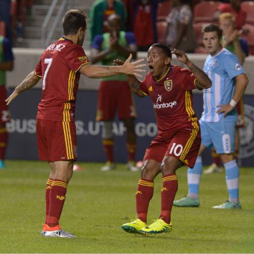 Leah Hogsten  |  The Salt Lake Tribune
Real Salt Lake forward Juan Martinez (7) celebrates his second half goal with Real Salt Lake forward Joao Plata (10). Real Salt Lake defeated Wilmington Hammerheads FC 2-2 and 3-1in the shoot out during their fourth round 2016 U.S. Open Cup match at Rio Tinto Stadium, Tuesday, June 14, 2016 in Sandy.