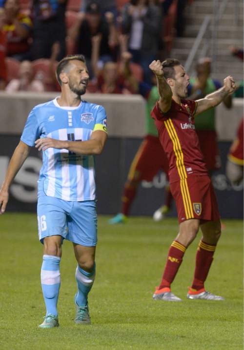 Leah Hogsten  |  The Salt Lake Tribune
Real Salt Lake forward Juan Martinez (7) celebrates his second half goal. Real Salt Lake defeated Wilmington Hammerheads FC 2-2 and 3-1in the shoot out during their fourth round 2016 U.S. Open Cup match at Rio Tinto Stadium, Tuesday, June 14, 2016 in Sandy.