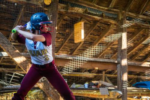 Chris Detrick  |  The Salt Lake Tribune
Juab's Taylei Williams practices hitting in the barn at her home in Mona Tuesday June 7, 2016. Williams has been named The Tribune's 2016 softball Player of the Year after leading the Wasps to their runner-up finish.