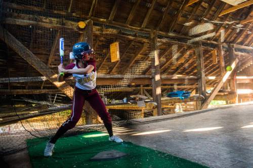 Chris Detrick  |  The Salt Lake Tribune
Juab's Taylei Williams practices hitting in the barn at her home in Mona Tuesday June 7, 2016. Williams has been named The Tribune's 2016 softball Player of the Year after leading the Wasps to their runner-up finish.