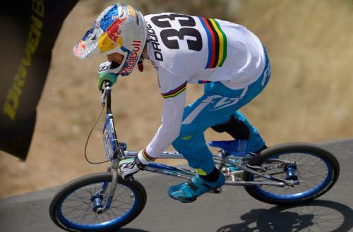 Leah Hogsten  |  The Salt Lake Tribune
Olympic hopeful Joris Daudet from Corona, CA qualified first in his heat. USA BMX's Great Salt Lake National meet featured riders under 5 to 75-years-old and even a couple Rio-bound Olympic athletes, Saturday, June 18, 2016 at the Rad Canyon BMX track in South Jordan.