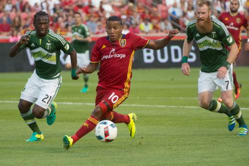 Rick Egan  |  The Salt Lake Tribune

Real Salt Lake forward Joao Plata (10) goes for the ball as Portland Timbers midfielder Diego Chara (21) and Portland Timbers defender Nat Borchers (7) defend,  in MLS soccer action, Real Salt Lake vs. Portland Timbers, in Sandy, Friday, June 18, 2016.
