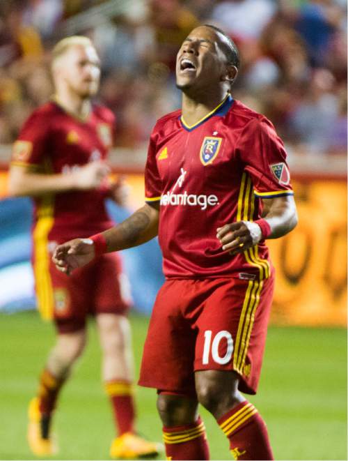 Rick Egan  |  The Salt Lake Tribune

Real Salt Lake forward Joao Plata (10) reacts after nearly scoring a goal late in the game, in MLS soccer action, Real Salt Lake vs. Portland Timbers, in Sandy, Friday, June 18, 2016.