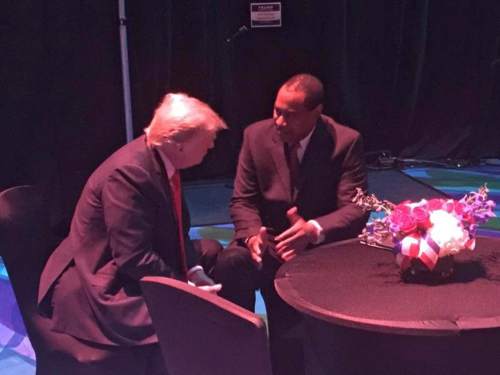Utah Republican Party Chairman James Evans chats with Donald Trump backstage before a rally in Las Vegas. Courtesy  |  James Evans