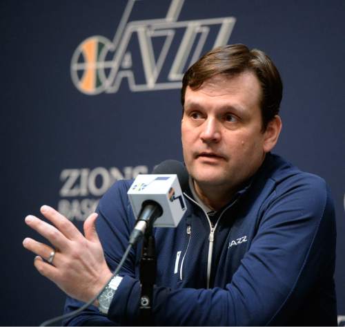 Al Hartmann  |  The Salt Lake Tribune 
Jazz General Manager Dennis Lindsey answers a reporter's question during the last media availability of the season at the team's practice facility in Salt Lake City Thursday April 16, 2015. Players cleaned out their lockers Thursday after Wednesday night's loss to the Houston Rockets to finish with a 38-44 record for the season.