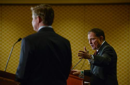 Francisco Kjolseth | The Salt Lake Tribune
The first full Republican gubernatorial debate between Governor Gary Herbert, right, and Jonathan Johnson takes place at the Little America Hotel in Salt Lake City on Monday, April 11, 2016.