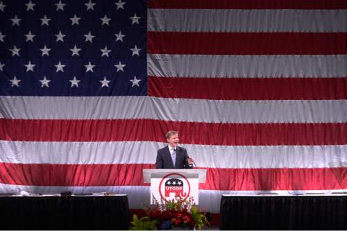 Leah Hogsten  |  The Salt Lake Tribune
Jonathan Johnson delivers his election speech for Utah Governor at the Utah Republican Convention, Saturday, April 23, 2016, at Salt Palace Convention Center.