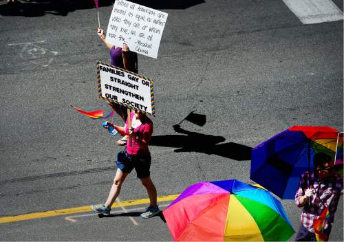 Scott Sommerdorf   |  The Salt Lake Tribune  
The 2016 Pride Parade heads up 200S, Sunday, June 5, 2016.