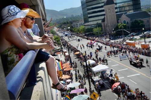 Scott Sommerdorf   |  The Salt Lake Tribune  
Parade watchers crammed the parking garages on both sides of 200S to see the 2016 Pride Parade, Sunday, June 5, 2016.