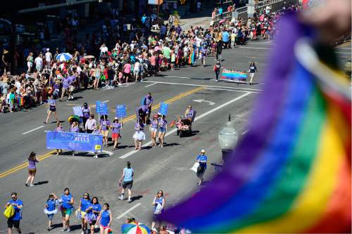 Scott Sommerdorf   |  The Salt Lake Tribune  
The 2016 Pride Parade heads up 200S, Sunday, June 5, 2016.