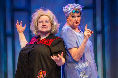 Chris Detrick  |  The Salt Lake Tribune
Eb Madson. left, and Annette Wright as Heavenly Mother act out a scene during a preview of "Saturday's Voyeur," at Salt Lake Acting Company on Tuesday, June 14, 2016.