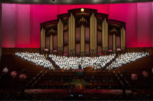Rick Egan  |  The Salt Lake Tribune

A choir featuring members from more than 50 countries sing at the General Women's Session of the 186st Annual LDS General Conference, Saturday, March 26, 2016.