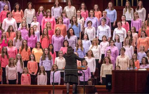 Rick Egan  |  The Salt Lake Tribune

A combined Primary, Young Women, and Relief Society Choir from stakes in Salt Lake City, Murray, Kamas and Park City, performs at the first session of the 185th Annual LDS General Conference on Saturday, March 28, 2015.