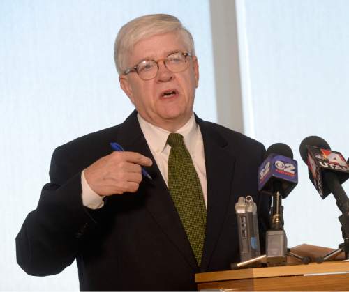 Al Hartmann  |  The Salt Lake Tribune 
Attorney John Harrington, of Holland & Hart LLP, left, speaks at a news conference in Salt Lake City on Tuesday, June 21, 2016. The ACLU of Utah and co-counsel Holland & Hart have filed a lawsuit in 3rd District Court over what they call Utah's failing indigent defense system.