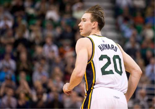 Lennie Mahler  |  The Salt Lake Tribune

Gordon Hayward looks back after draining a three-point shot in the first half of an NBA basketball game between the Utah Jazz and the Milwaukee Bucks at EnergySolutions Arena in Salt Lake City, Saturday, Feb. 28, 2015.
