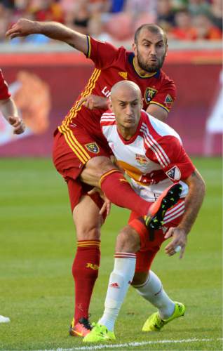 Steve Griffin / The Salt Lake Tribune

New York Red Bulls defender Aurelien Collin (78) cuts off Real Salt Lake forward Yura Movsisyan (14) as he tries to shoot the ball during their game at Rio Tinto Stadium in Sandy Wednesday June 22, 2016.