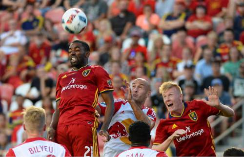 Steve Griffin / The Salt Lake Tribune

Real Salt Lake defender Aaron Maund (21) leaps into the air and heads the ball on a corner kick during game against the New York Red Bulls at Rio Tinto Stadium in Sandy Wednesday June 22, 2016. Blah was called for a foul on the play.
