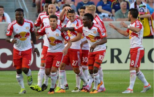Steve Griffin / The Salt Lake Tribune

The Red Bulls celebrate their goal in the first half their game against RSL at Rio Tinto Stadium in Sandy Wednesday June 22, 2016.