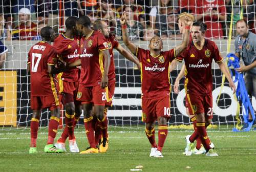 Steve Griffin / The Salt Lake Tribune

Real Salt Lake forward Joao Plata (10)raises his hands in the air after scoring the winning goal late in their match against the New York Red Bulls at Rio Tinto Stadium in Sandy Wednesday June 22, 2016.