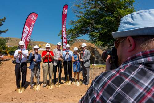 Trent Nelson  |  The Salt Lake Tribune
Photos are taken at the groundbreaking for the University of Utah's new ski team building, Wednesday June 22, 2016. The lead donor of the project is Eccles, who was a ski team standout himself back in the 1960s. Left to right, Chris Hill, Kevin Sweeney, Spence Eccles, James Gaddis, David Pershing, Lisa Eccles, Spencer Eccles.
