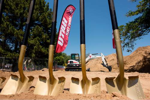 Trent Nelson  |  The Salt Lake Tribune
Gold shovels and hard hats at the groundbreaking for the school's new ski team building, Wednesday June 22, 2016. The lead donor of the project is Spence Eccles, who was a ski team standout himself back in the 1960s.