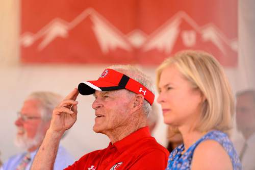 Trent Nelson  |  The Salt Lake Tribune
Spence Eccles salutes University of Utah Director of Athletics Chris Hill at the groundbreaking for the school's new ski team building, Wednesday June 22, 2016. Eccles is the lead donor of the project, and was a ski team standout himself back in the 1960s. At left is University President David Pershing and right is Lisa Eccles.