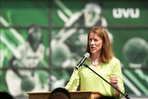 Leah Hogsten  |  The Salt Lake Tribune
Utah Valley University women's coach Cathy Nixon addresses the crowd during the ground breaking.  Utah Valley University celebrated the construction of a new $3.5 million NUVI Basketball Center,a conditioning facility for men's and women's basketball teams during a groundbreaking ceremony for Wednesday, June 22, 2016, on the south side of the UCCU Center.