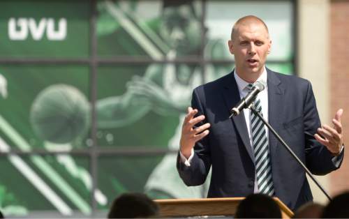 Leah Hogsten  |  The Salt Lake Tribune
Utah Valley University men's coach Mark Pope addresses the crowd during the ground breaking.  Utah Valley University celebrated the construction of a new $3.5 million NUVI Basketball Center,a conditioning facility for men's and women's basketball teams during a groundbreaking ceremony for Wednesday, June 22, 2016, on the south side of the UCCU Center.