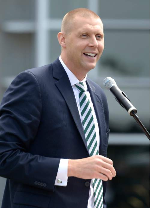 Leah Hogsten  |  The Salt Lake Tribune
Utah Valley University men's coach Mark Pope addresses the crowd during the ground breaking.  Utah Valley University celebrated the construction of a new $3.5 million NUVI Basketball Center,a conditioning facility for men's and women's basketball teams during a groundbreaking ceremony for Wednesday, June 22, 2016, on the south side of the UCCU Center.