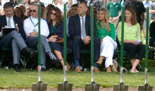 Leah Hogsten  |  The Salt Lake Tribune
Utah Valley University president Matthew Holland, principal donors and NUVI executive chair, Keith Nellesen and wife Melissa Nellesen, UVU men's coach Mark Pope and wife Lee Anne and women's coach Cathy Nixon during the ground breaking.  Utah Valley University celebrated the construction of a new $3.5 million NUVI Basketball Center,a conditioning facility for men's and women's basketball teams during a groundbreaking ceremony for Wednesday, June 22, 2016, on the south side of the UCCU Center.