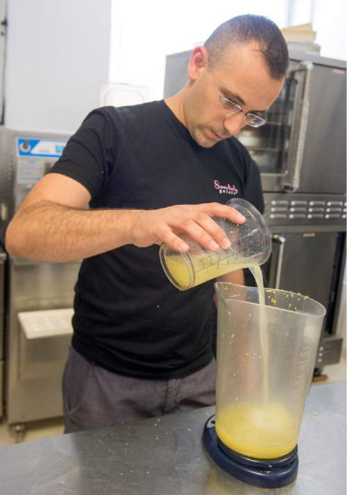 Rick Egan  |  The Salt Lake Tribune

Francesco Amendola pours fresh lemon juice into the container, as he makes lemon sorbet at his Sweetaly gelato shop on 3300 South, Friday, June 3, 2016.