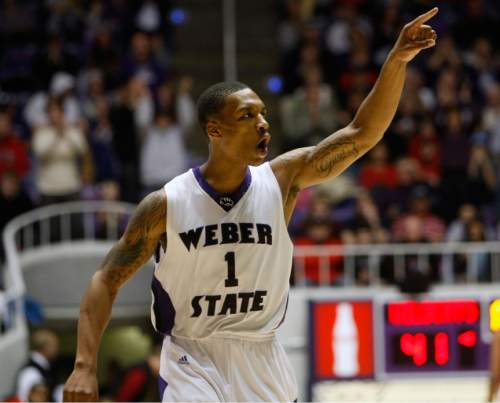 Chris Detrick  |  The Salt Lake Tribune
Weber State Wildcats guard Damian Lillard (1) celebrates during the first half of the game at the Dee Events Center Thursday December 22, 2011. Weber State is winning the game 41-21.