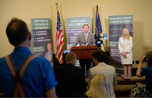 Al Hartmann  |  The Salt Lake Tribune 
Despite trailing by large margins in independent polls, Republican governor candidate Jonathan Johnson holds a press conference Thursday June 23 at the Utah state capitol to announce his plans for first 100 days in office.