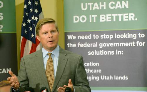 Al Hartmann  |  The Salt Lake Tribune 
Despite trailing by large margins in independent polls, Republican governor candidate Jonathan Johnson holds a press conference Thursday June 23 at the Utah state capitol to announce his plans for first 100 days in office.
