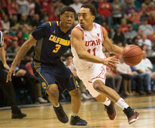 Rick Egan  |  The Salt Lake Tribune

Utah Utes guard Brandon Taylor (11) takes the ball down the middle, as California Golden Bears guard Tyrone Wallace (3) defends in PAC-12 Basketball Championship semi-finals, Utah Utes vs.The California Golden Bears, at the MGM Arena, in Las Vegas, Friday, March 11, 2016.