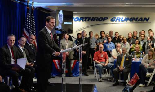 Francisco Kjolseth | The Salt Lake Tribune
Congressman Chris Stewart addresses the employees gathered at Northrop Grummanís Salt Lake City site to celebrate the award of the Long-Range Strike Bomber (LRS-B) program. This capability is critical to national security and is a significant win for the company.