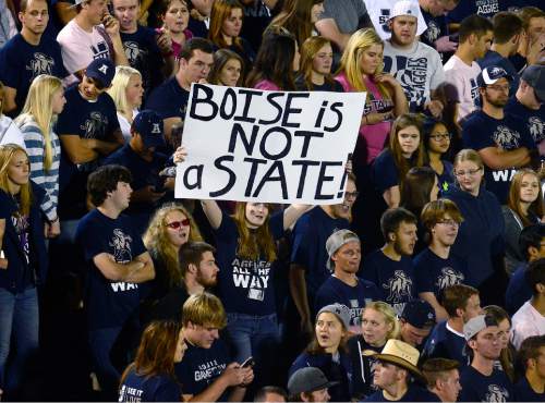 Scott Sommerdorf   |  The Salt Lake Tribune
USU fans tease Boise State during first half play. Utah State led Boise State 45-10 at the half, Friday, October 15, 2015.