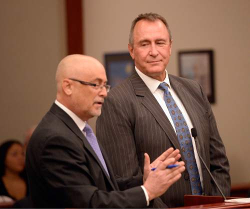 Al Hartmann  |  The Salt Lake Tribune

Former Utah Attorney General Mark Shurtleff stands with his attorney Richard Van Wagoner, left, as he pleads not guilty to five felonies and two misdemeanors on behalf of his client former Utah Attorney General Mark Shurtleff in Judge Elizabeth Hruby-Mills courtroom in Salt Lake City on Monday, June 29, 2015.
