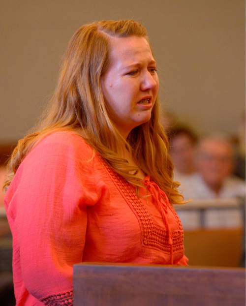 Leah Hogsten  |  The Salt Lake Tribune
Tamara Ashby told the judge that her step-father John Carrell, who is grandfather to her seven children, had never acted inappropriately to her children.  Carrell, the former Canyons School District bus driver was convicted by a jury in July of 19 counts first-degree felony aggravated sexual abuse of a child for molesting two of his young passengers. Carrell was sentenced to 15 years to life by Judge L. Douglas Hogan in Third District Court, October 6, 2015 in West Jordan.