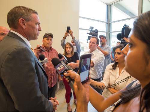 Rick Egan  |  The Salt Lake Tribune
Richard Massey, spokesman for the Ricks family, answer questions from the press regarding the investigation into the homicide of Utah Transit Authority worker Kay Porter Ricks, at the Justice Center in, Kemmerer, Wyoming.Tuesday, June 28, 2016.