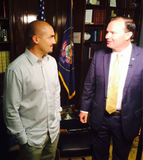 Thomas Burr  |  The Salt Lake Tribune
Weldon Angelos, a Utahn recently released from prison who has become the poster child for criminal justice reform, meets with Sen. Mike Lee, R-Utah, on Wednesday in Washington while television crews capture the moment.