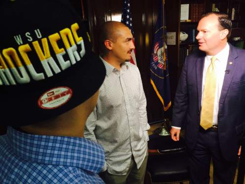 Thomas Burr  |  The Salt Lake Tribune

Weldon Angelos, a Utahn recently released from prison who has become the poster child for criminal justice reform, meets with Sen. Mike Lee, R-Utah, on Wednesday in Washington while television crews capture the moment.