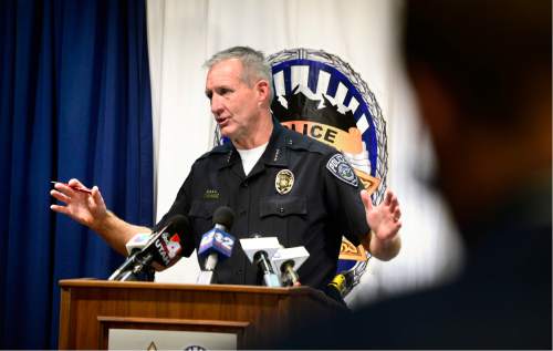 Scott Sommerdorf   |  The Salt Lake Tribune  
UPD's Jim Winder speaks to the media with an update on the arrest / shooting of suspect involved in the slaying of Magna woman, Friday, June 3, 2016.