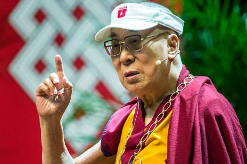 The Dalai Lama speaks at the Huntsman Center at the University of Utah in Salt Lake City, Tuesday, June 21, 2016. (Chris Detrick/The Salt Lake Tribune via AP) MANDATORY CREDIT