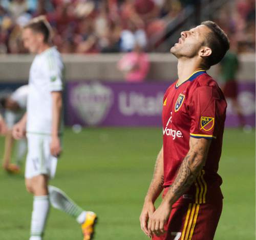 Michael Mangum  |  Special to the Tribune

Real Salt Lake forward Burrito Martinez (7) reacts in despair following a missed chance during their U.S. Open Cup match against the Seattle Sounders at Rio Tinto Stadium in Sandy, UT on Tuesday, June 28th, 2016. The match ended in a 1-1 draw with Seattle advancing after winning in a penalty kick shootout.