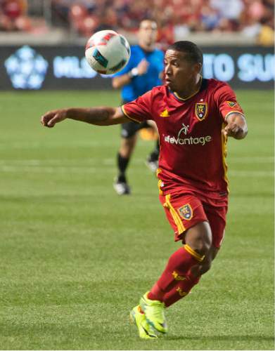 Michael Mangum  |  Special to the Tribune

Real Salt Lake forward Joao Plata (10) chests the ball to himself during their U.S. Open Cup match against the Seattle Sounders at Rio Tinto Stadium in Sandy, UT on Tuesday, June 28th, 2016. The match ended in a 1-1 draw with Seattle advancing after winning in a penalty kick shootout.