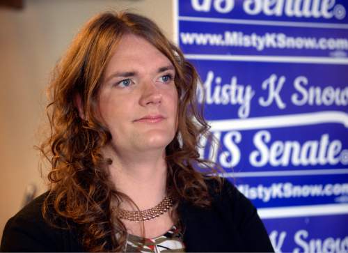 Al Hartmann  |  The Salt Lake Tribune 
Misty K. Snow, the first transgender woman to represent a major party in a U.S. Senate race reflects on the upcoming campaign against Senator Mike Lee from her headquarters in Salt Lake City Wed June 29.   Will her historic status lead to more financial support?
